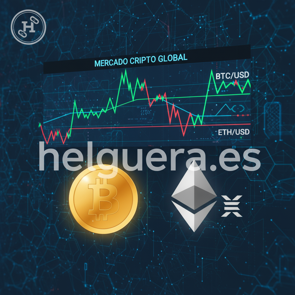 Gráfico con iconos de Bitcoin y Ethereum representando la volatilidad del mercado, con la marca de agua helguera.es
